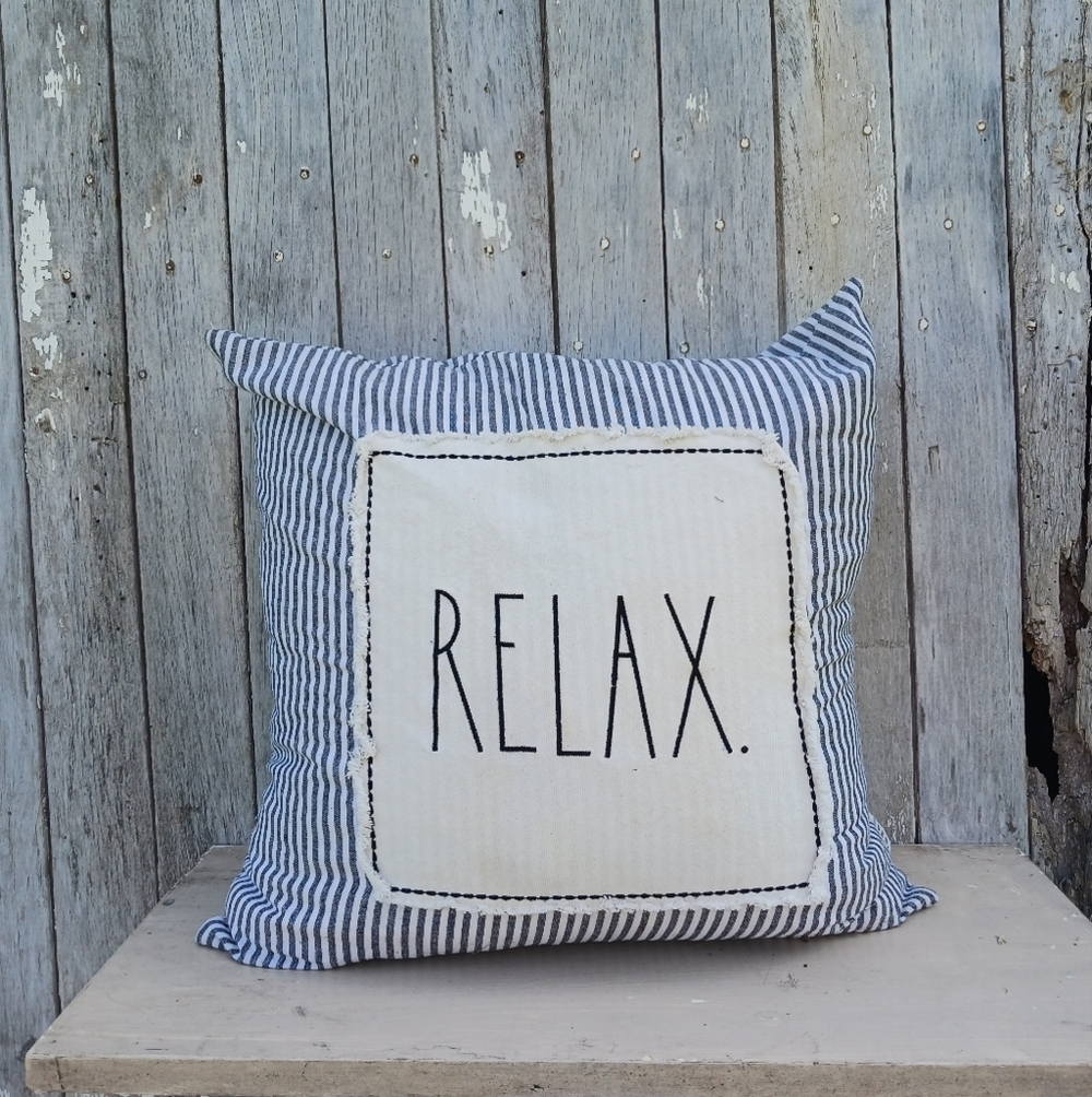 Rae Dunn Down‎ Filling Cotton Cover Throw Pillow Stripe "Relax" White Gray
